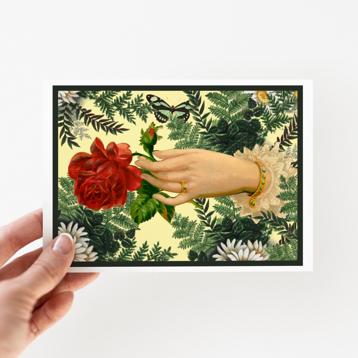 Card. Victorian Hand Holding Red Rose. Greeting Card.