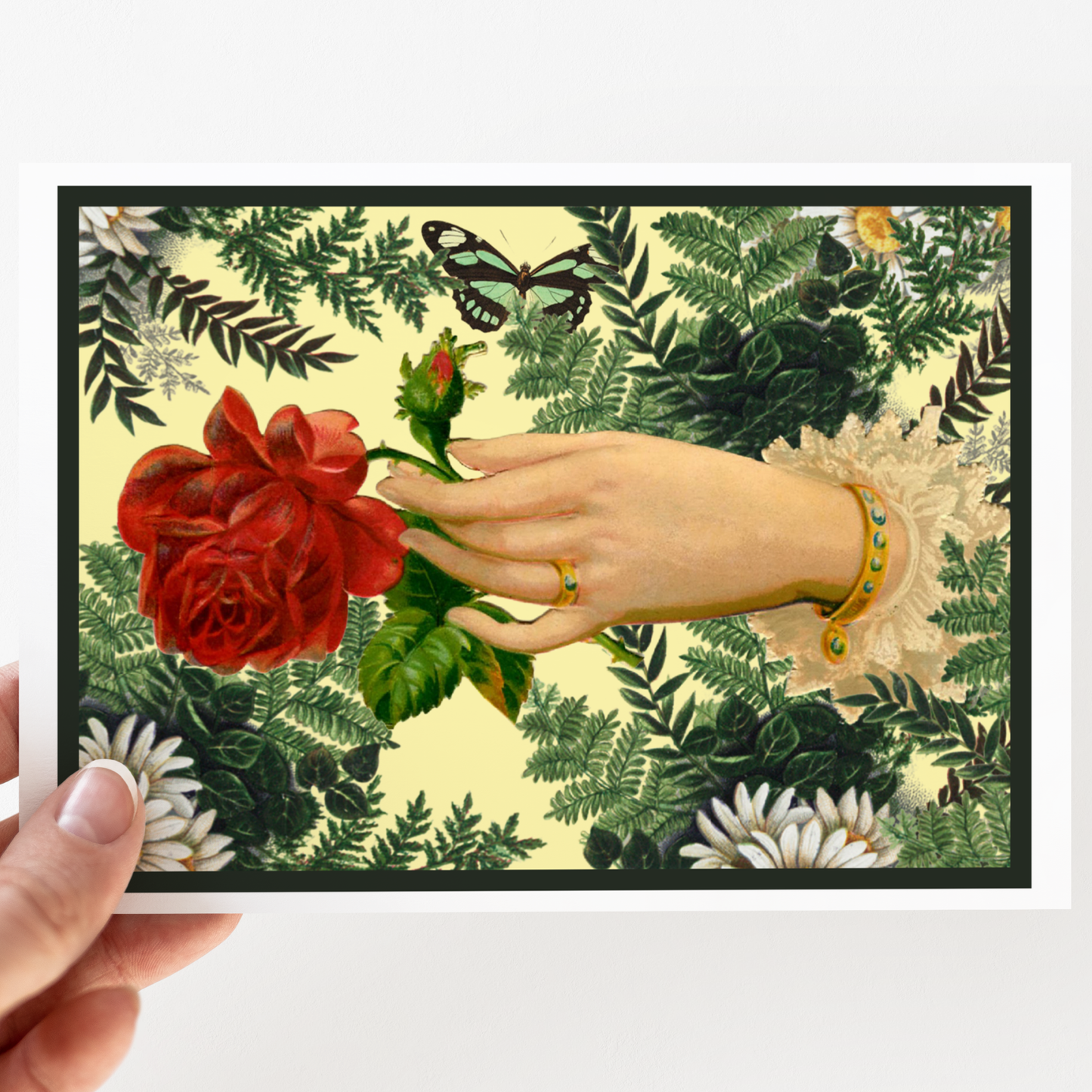 Card. Victorian Hand Holding Red Rose. Greeting Card.