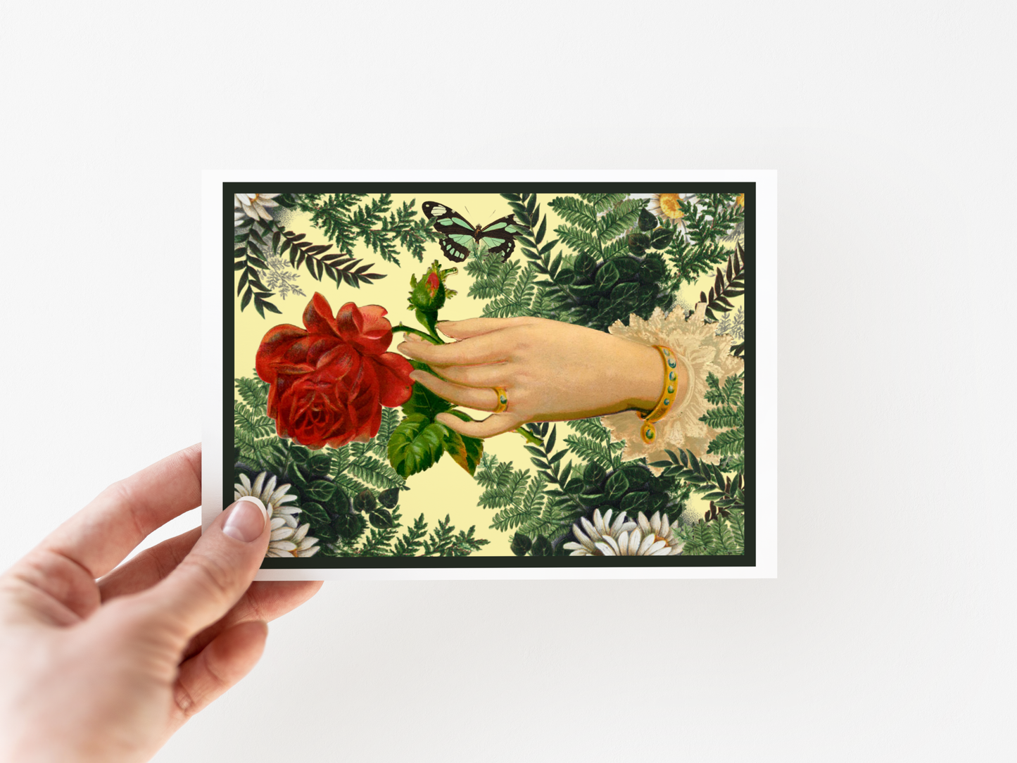 Card. Victorian Hand Holding Red Rose. Greeting Card.