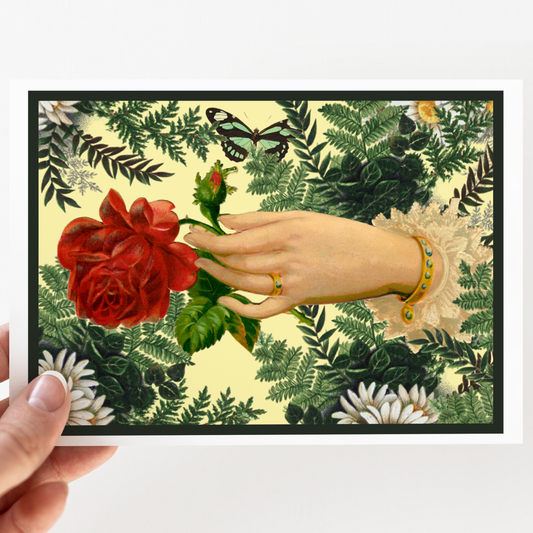 Card. Victorian Hand Holding Red Rose. Greeting Card.